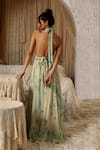 Shop_Kritika Murarka_Mint Chiffon Halter Neck Circle Print Crochet Bralette Maxi Dress _at_Aza_Fashions