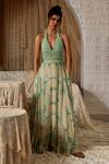 Buy_Kritika Murarka_Mint Chiffon Halter Neck Circle Print Crochet Bralette Maxi Dress _at_Aza_Fashions