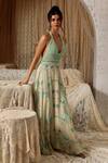Kritika Murarka_Mint Chiffon Halter Neck Circle Print Crochet Bralette Maxi Dress _at_Aza_Fashions