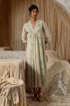 Buy_Kritika Murarka_Mint Chiffon, Cotton Embroidery V-neck Circle Stripe Panel dress _at_Aza_Fashions