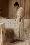 Buy_Kritika Murarka_Beige Cotton Embroidery Collared Floral Net Maxi Dress _Online_at_Aza_Fashions
