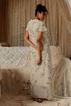 Shop_Kritika Murarka_Beige Cotton Embroidery Collared Floral Net Maxi Dress _at_Aza_Fashions