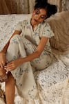 Shop_Kritika Murarka_Beige Cotton Embroidery Collared Floral Net Maxi Dress _Online_at_Aza_Fashions