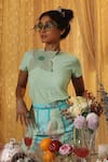 Buy_Kritika Murarka_Mint Cotton Applique Round Neck Knit Floral Tee _at_Aza_Fashions
