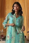 Buy_Kritika Murarka_Mint Cotton, Silk Embroidery Split V-neck Blue Stripe Dress _Online_at_Aza_Fashions