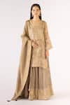 Buy_Basanti - Kapde Aur Koffee_Beige Tissue Sequins, Embroidery Scoop Neck Banarasi Kurta Sharara Set _at_Aza_Fashions