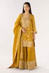 Buy_Basanti - Kapde Aur Koffee_Mustard Brocade Zari, Sequins, Embroidery Round Neck Banarasi Sharara Set _at_Aza_Fashions