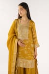 Buy_Basanti - Kapde Aur Koffee_Mustard Brocade Zari, Sequins, Embroidery Round Neck Banarasi Sharara Set _Online_at_Aza_Fashions
