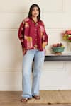 Shop_Juanita By Shubhda_Maroon Silk Collared Gia Floral Pattern Shirt _Online_at_Aza_Fashions