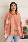 Buy_Juanita By Shubhda_Peach Silk Embroidery Collared Gia Salmon Floral Pattern Shirt _at_Aza_Fashions
