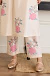 Juanita By Shubhda_Cream Silk Embroidery Round Neck Pearl Floral Pattern Kurta With Pant _at_Aza_Fashions