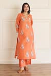 Shop_Juanita By Shubhda_Orange Silk Embroidery V-neck Amber Printed Kurta With Pant _Online_at_Aza_Fashions