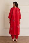 Shop_Juanita By Shubhda_Red Silk Embroidery Round Neck Crimson Printed Kurta And Pant Set _at_Aza_Fashions