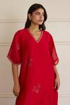Juanita By Shubhda_Red Chanderi Embroidery V-neck Ruby Floral Pattern Kurta With Pant _at_Aza_Fashions
