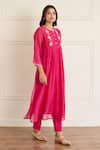 Buy_Juanita By Shubhda_Pink Chanderi Embroidery Round Neck Carnation Kurta With Pant _Online_at_Aza_Fashions