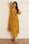 Shop_Juanita By Shubhda_Yellow Chanderi Embroidery V-neck Ochre Floral Pattern Kurta And Pant Set _Online_at_Aza_Fashions