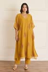 Buy_Juanita By Shubhda_Yellow Chanderi Embroidery V-neck Ochre Floral Pattern Kurta And Pant Set _at_Aza_Fashions