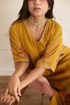 Juanita By Shubhda_Yellow Chanderi Embroidery V-neck Ochre Floral Pattern Kurta And Pant Set _at_Aza_Fashions