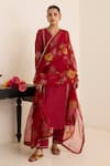Buy_Juanita By Shubhda_Maroon Chanderi Embroidery V-neck Claret Kurta Set _at_Aza_Fashions