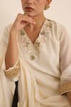 Shop_Juanita By Shubhda_Ivory Chanderi Pearls, Metallic Thread V-neck And Mukaish Work Kurta Set _Online_at_Aza_Fashions