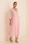 Shop_Juanita By Shubhda_Pink Chanderi Embroidery, Zari, Mirrors V-neck Blush Mukaish Work Kurta Set _at_Aza_Fashions