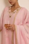 Juanita By Shubhda_Pink Chanderi Embroidery, Zari, Mirrors V-neck Blush Mukaish Work Kurta Set _at_Aza_Fashions