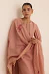 Juanita By Shubhda_Pink Chanderi Embroidery Split V-neck Ivy Peach Kurta Set _Online_at_Aza_Fashions