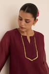 Juanita By Shubhda_Maroon Chanderi Embroidery Round Neck Ivy Kurta Pant Set _at_Aza_Fashions