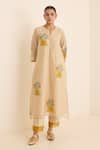 Juanita By Shubhda_Beige Chanderi Embroidery Collared Ecru Floral Kurta Set _Online_at_Aza_Fashions