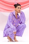 Leela By A_Purple Muslin Embroidery Collared Shirt With Pant _at_Aza_Fashions