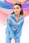 Leela By A_Blue Muslin Embroidery, Lace Collared Floral Shirt With Pant _at_Aza_Fashions