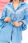 Leela By A_Blue Muslin Embroidery, Lace Collared Floral Shirt With Pant _Online