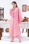 Shop_Leela By A_Pink Muslin Tassels, Embroidery Round Neck Placement Kurta With Pant _Online_at_Aza_Fashions