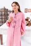 Leela By A_Pink Muslin Tassels, Embroidery Round Neck Placement Kurta With Pant _at_Aza_Fashions