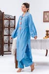 Shop_Leela By A_Blue Muslin Tassels, Embroidery Collared Work Kurta With Pant _Online_at_Aza_Fashions