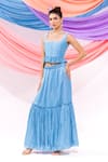 Buy_Leela By A_Blue Muslin, Satin, Chiffon Embroidery Square Neck Dori Work Top With Skirt _Online_at_Aza_Fashions
