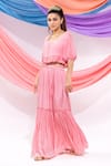Buy_Leela By A_Pink Muslin, Chiffon, Satin Square Neck Dori Work Top With Skirt _Online_at_Aza_Fashions