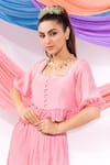 Leela By A_Pink Muslin, Chiffon, Satin Square Neck Dori Work Top With Skirt _at_Aza_Fashions