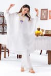 Leela By A_White Satin Embroidery Mandarin Collar Kaftan And Pant Set _Online_at_Aza_Fashions