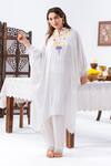 Shop_Leela By A_White Satin Embroidery Mandarin Collar Kaftan And Pant Set _at_Aza_Fashions