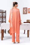 Shop_Leela By A_Peach Satin, Chiffon, Muslin Embroidery Split V-neck Kaftan And Pant Set _at_Aza_Fashions
