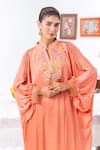 Leela By A_Peach Satin, Chiffon, Muslin Embroidery Split V-neck Kaftan And Pant Set _at_Aza_Fashions