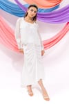 Shop_Leela By A_White Modal, Satin Embroidery Round Neck Floral Pattern Coat And Skirt Set _at_Aza_Fashions