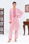 Buy_Leela By A_Pink Chiffon Embroidery Round Neck Placket Kurta With Pant _at_Aza_Fashions