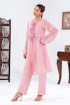 Leela By A_Pink Chiffon Embroidery Round Neck Placket Kurta With Pant _Online_at_Aza_Fashions