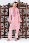 Shop_Leela By A_Pink Chiffon Embroidery Round Neck Placket Kurta With Pant _Online_at_Aza_Fashions