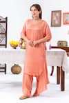 Shop_Leela By A_Peach Satin, Chiffon Tassels, Embroidery Placement Hand Kurta With Harem Pant _Online_at_Aza_Fashions