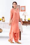 Shop_Leela By A_Peach Satin, Chiffon Tassels, Embroidery Placement Hand Kurta With Harem Pant _at_Aza_Fashions