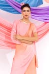 Shop_Leela By A_Peach Satin, Chiffon Embroidery Round Neck Ombre Kurta With Pant _Online_at_Aza_Fashions