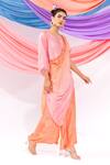Leela By A_Peach Satin, Chiffon Embroidery Round Neck Ombre Kurta With Pant _at_Aza_Fashions